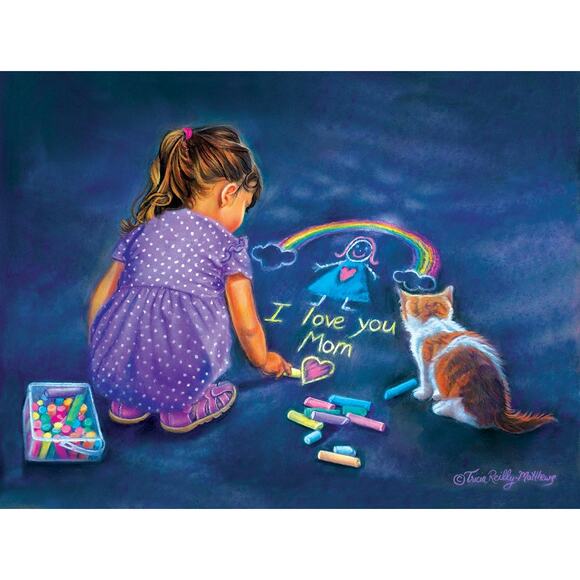 New SunsOut 500 piece jigsaw puzzle A Little Artist Girl with cat and Chalk CUTE - Picture 2 of 2